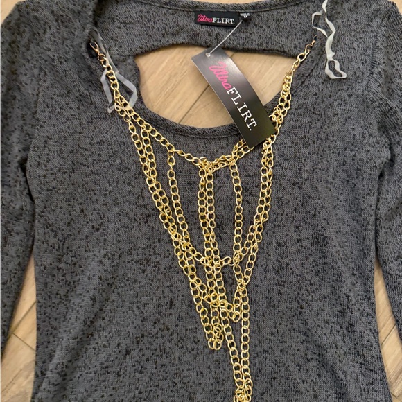 Ultra Flirt Charcoal Long Sleeve Top with Gold Chain Accent - Picture 5 of 6